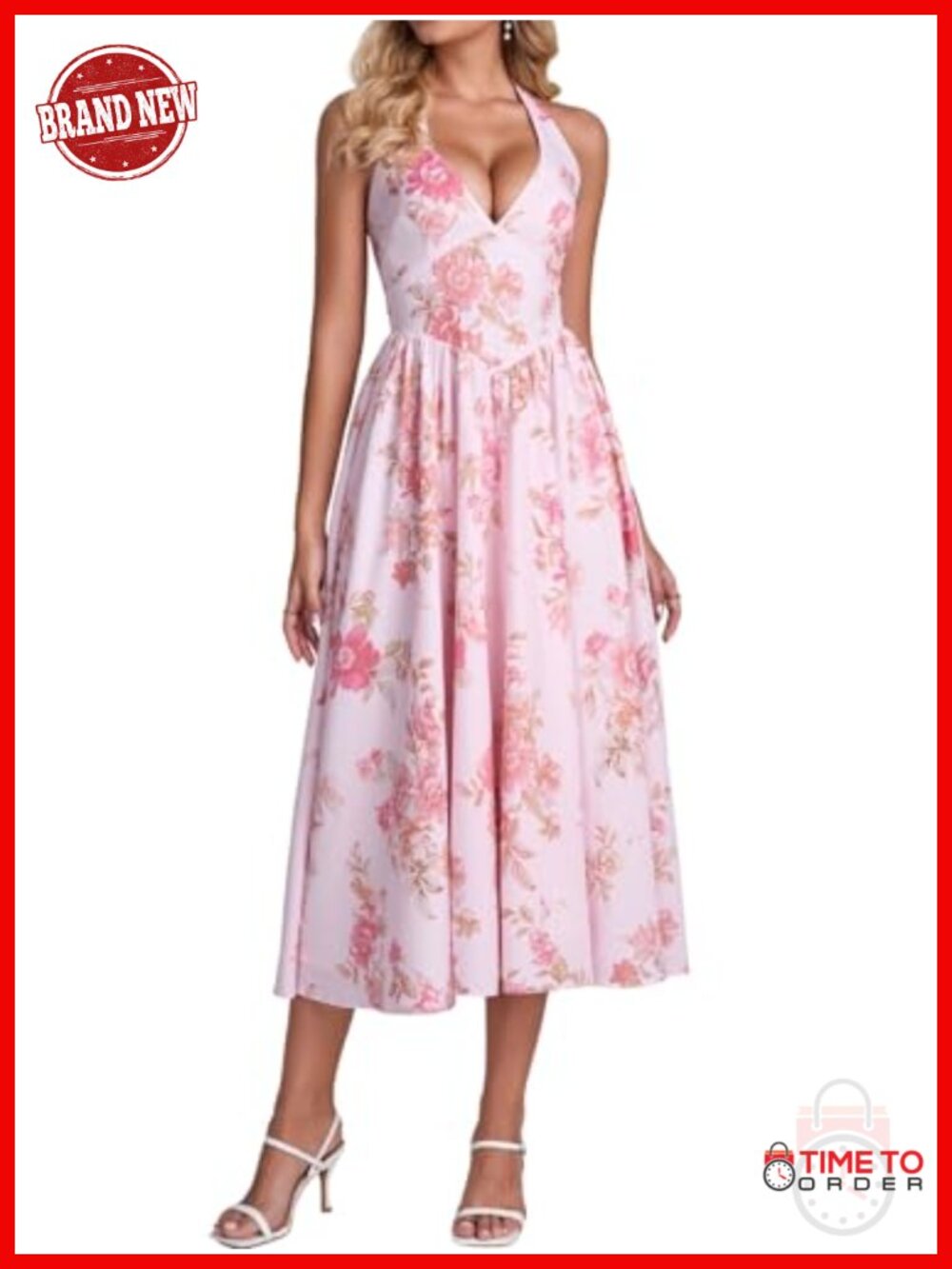 Halter Corset Midi Dress Deep V-Neck Gingham Backless Fit & Flare